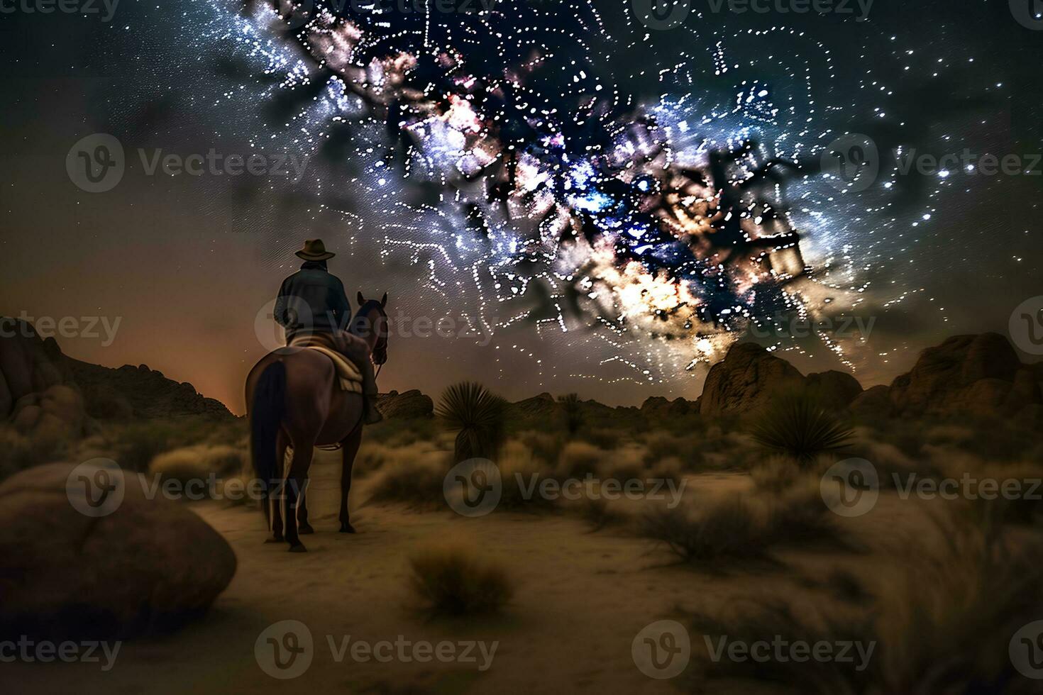 Landscape with Milky Way. Cowboy with his horse. Neural network AI generated photo