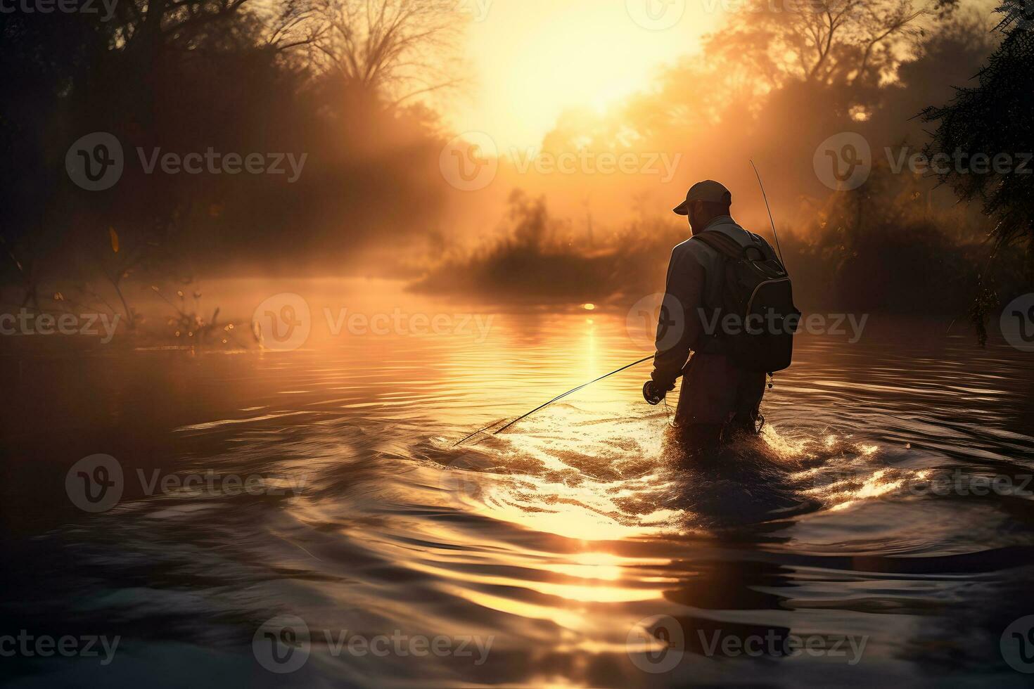 Fisherman by the lake at dawn. Neural network AI generated photo