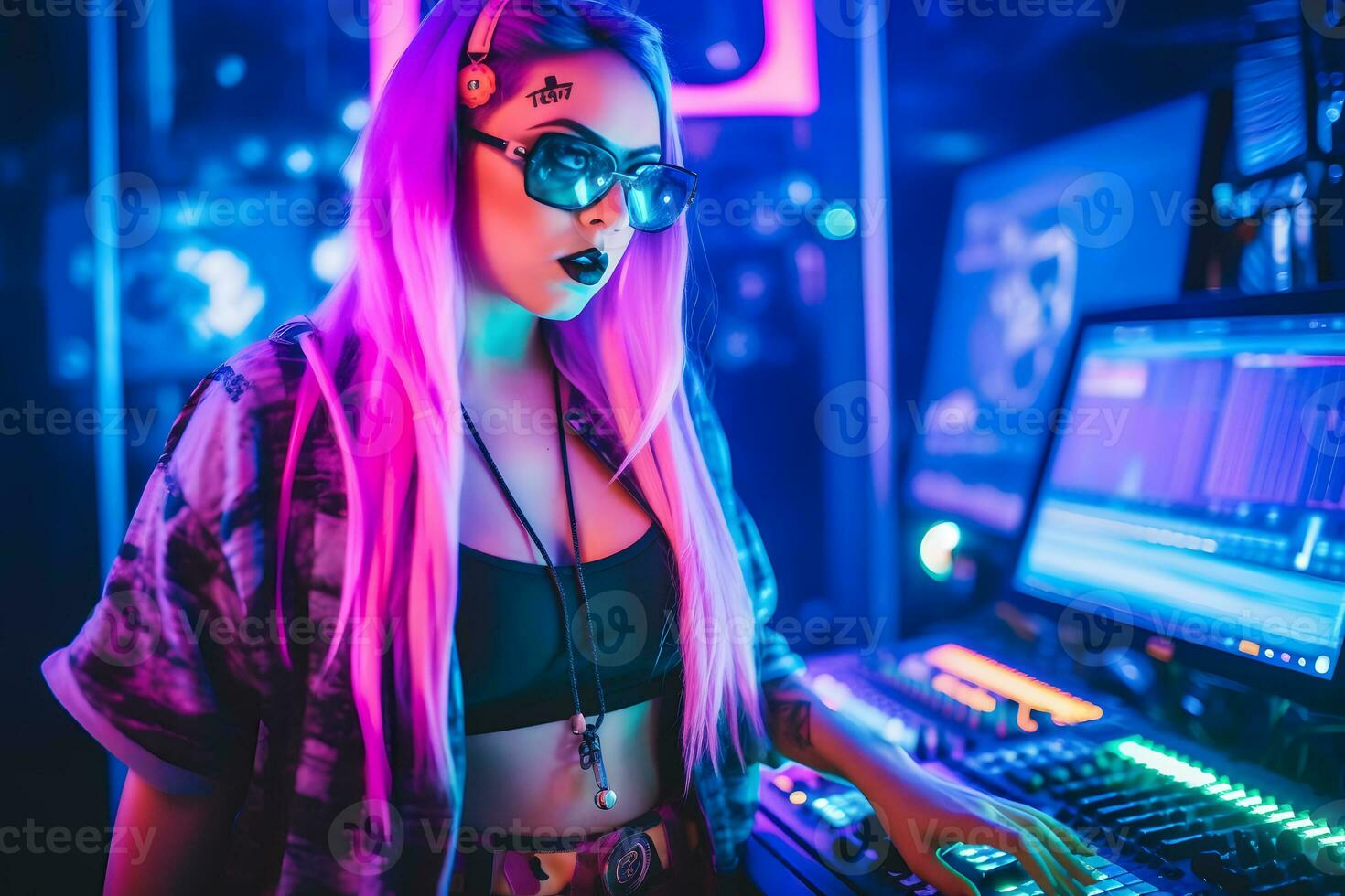 Retrowave synthwave girls portrait. Futuristic photo of the 80s on a neon background. Neural network AI generated