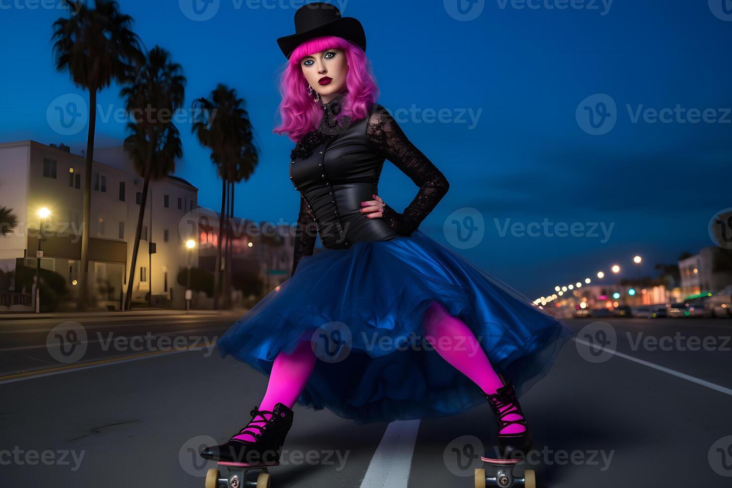 de moda maravilloso elegante niña en rodillo patines cerca el playa. neural red ai generado foto