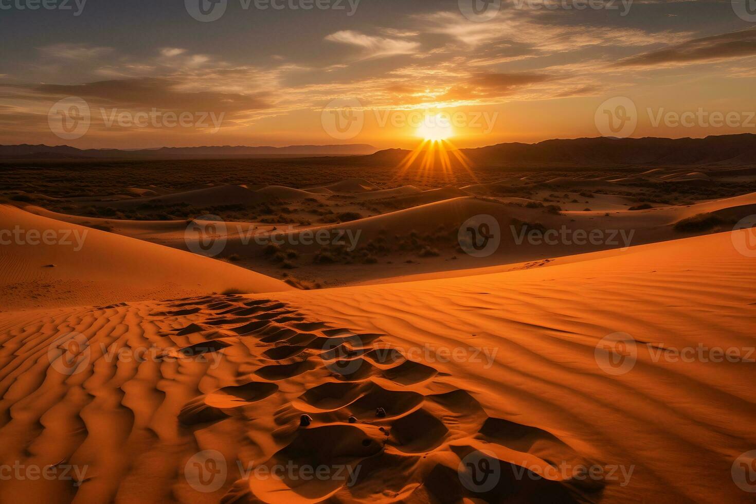 Footprints in the sand in the desert during sunset. Neural network AI generated photo