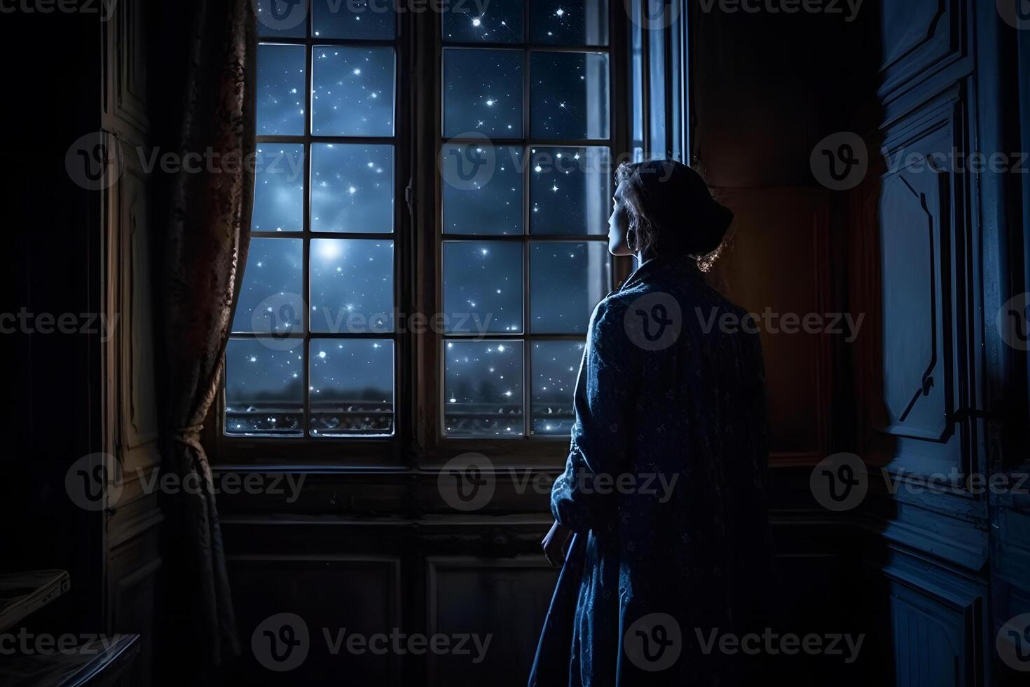 Dreamy fantasy princess looks at the night sky and stars. Neural network AI generated photo