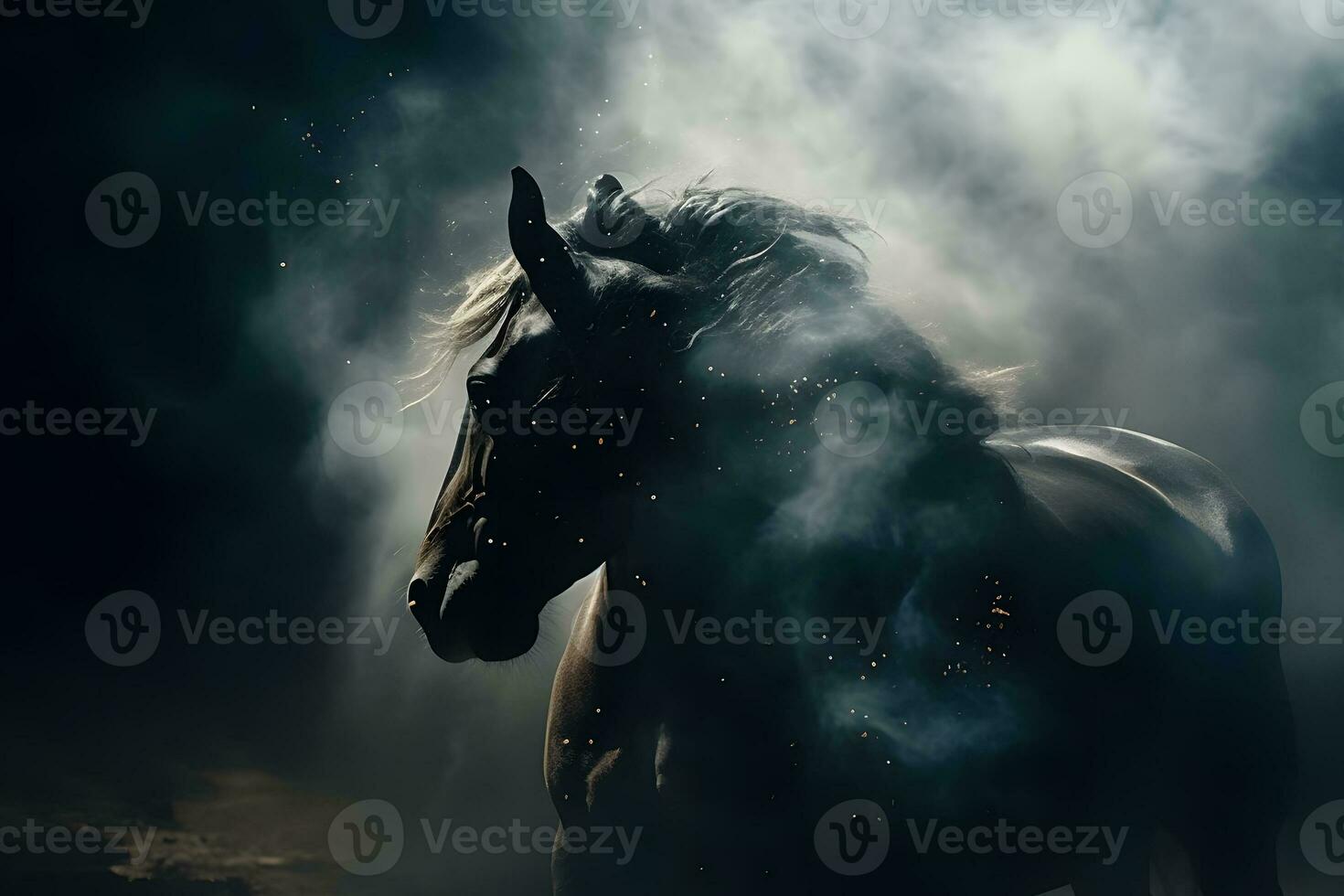 Fantasy horse portrait with fire and smoke. Neural network AI generated photo