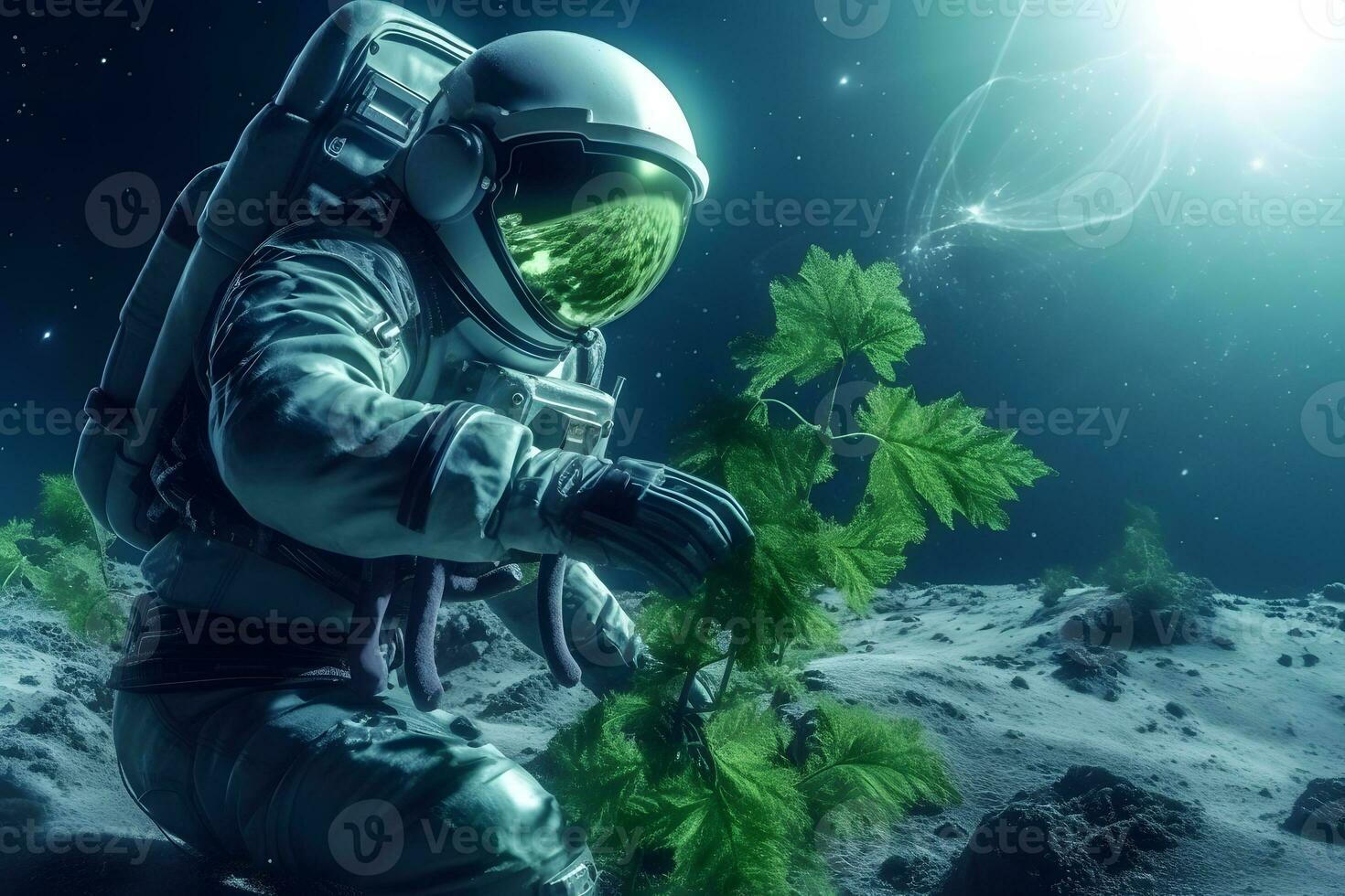 Astronaut planting a tree on the moon or mars. Neural network AI generated photo