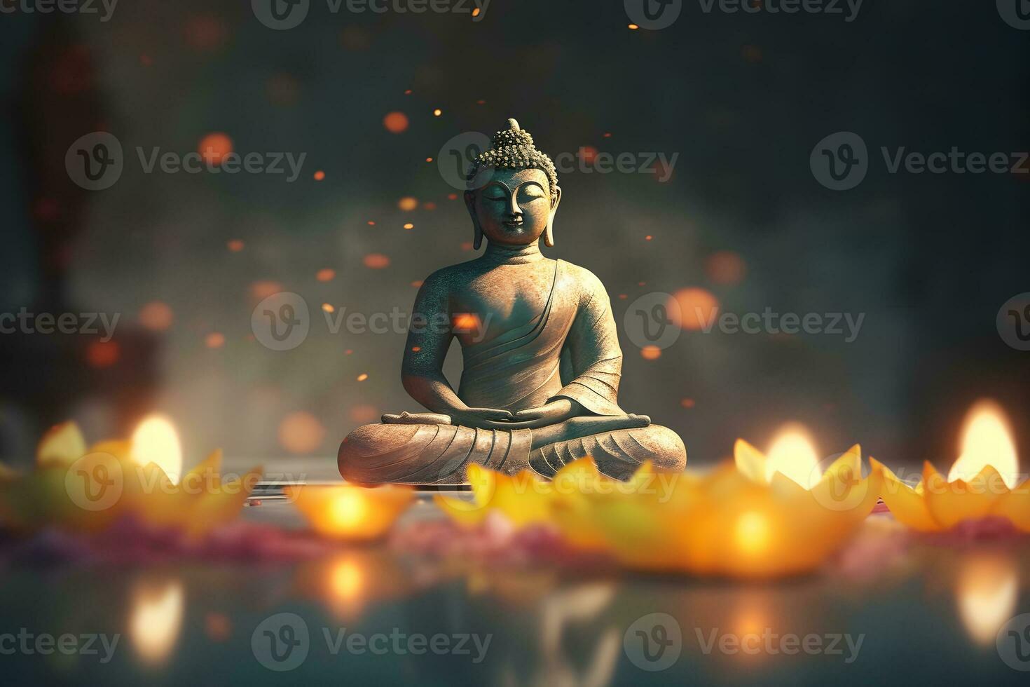 Meditation Buddha statue with candles and lotus. Neural network AI generated photo
