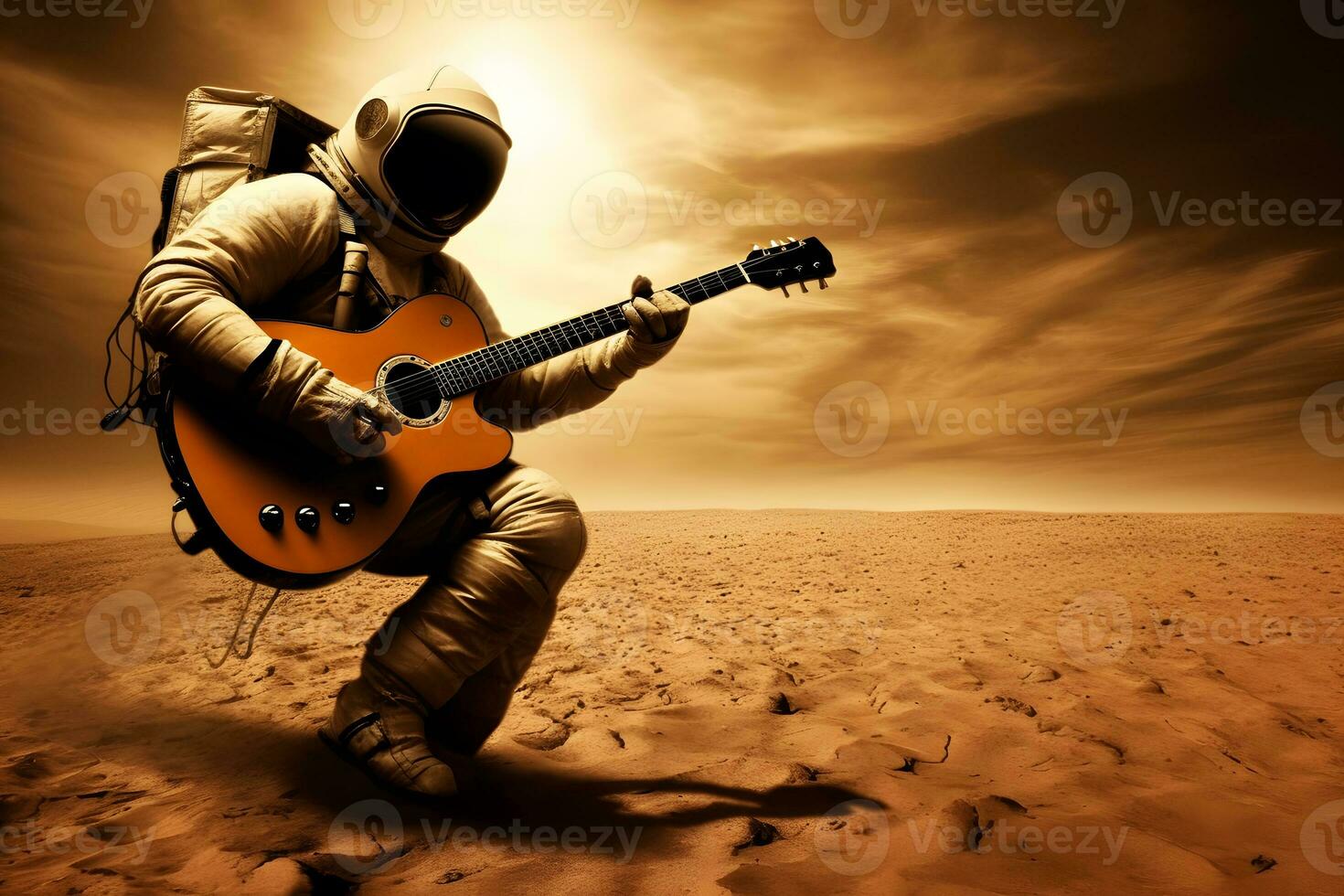 Astronaut space rock guitar. Neural network AI generated photo