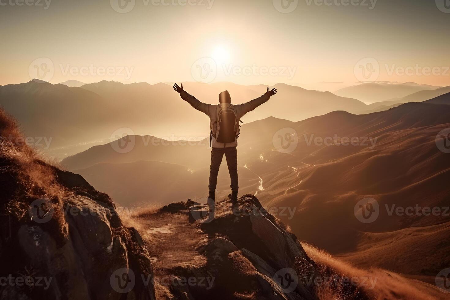 Female hiker with backpack raised her hands celebrating successful climb to top of mountain. Neural network AI generated photo