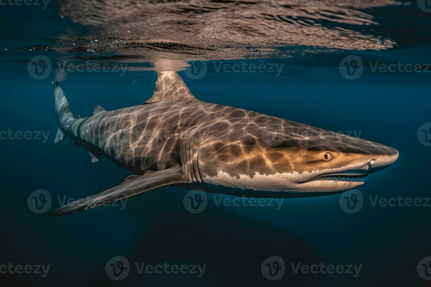 genial blanco tiburón posando en el profundo azul agua. neural red ai generado foto