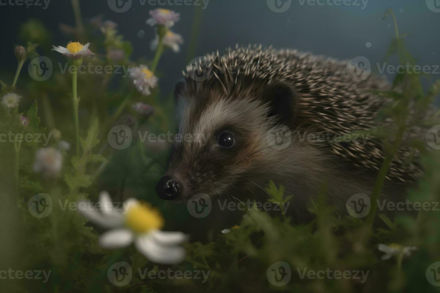 Young hedgehog in natural habitat. Neural network AI generated photo