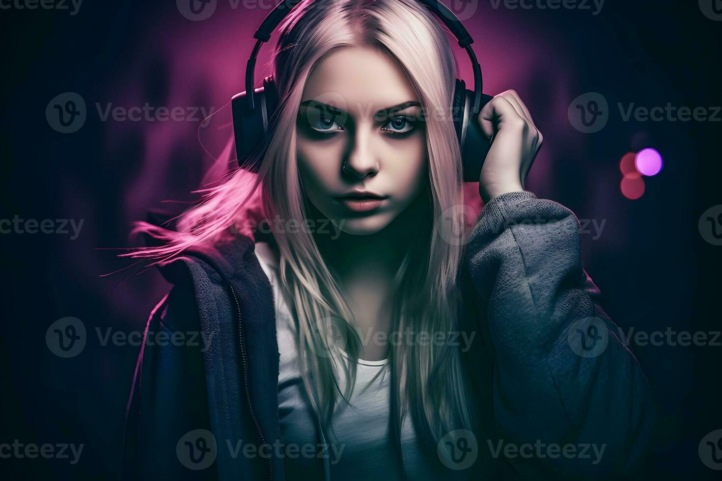 Girl listening to music with wireless headphones neon light. Neural network AI generated photo