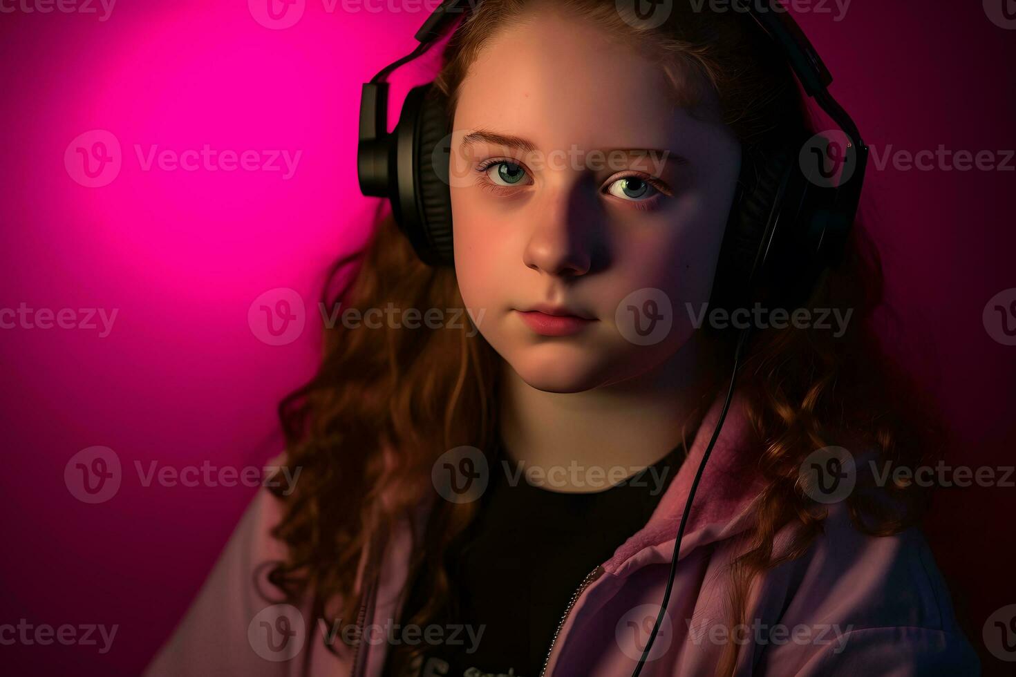 Girl listening to music with wireless headphones neon light. Neural network AI generated photo