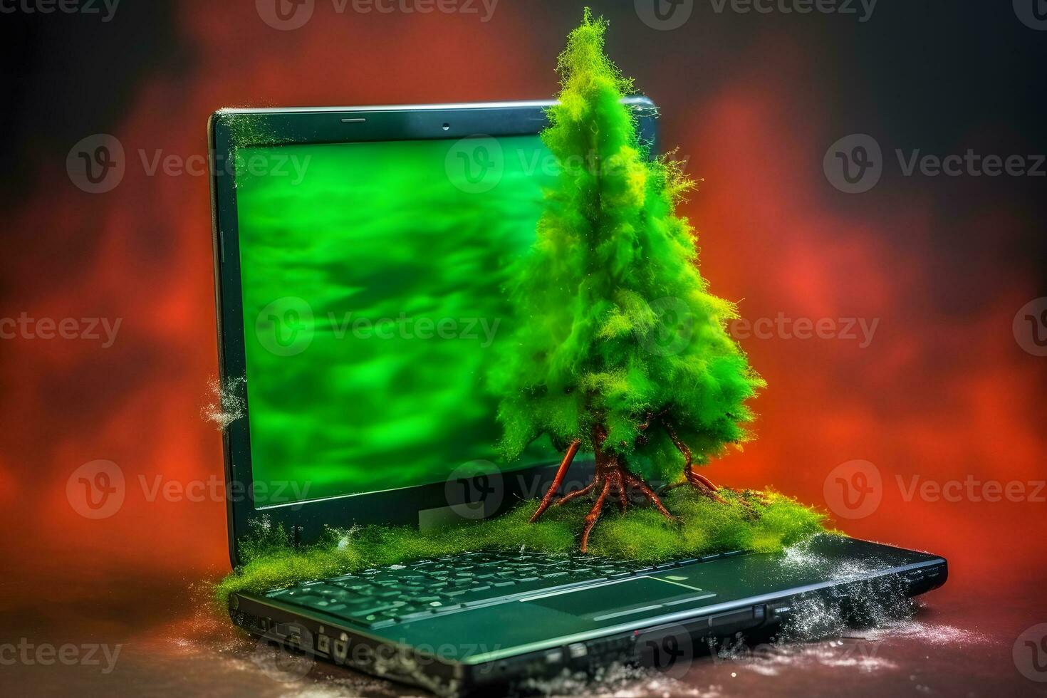 A tree grows from a laptop. Green information technology. Neural network AI generated photo