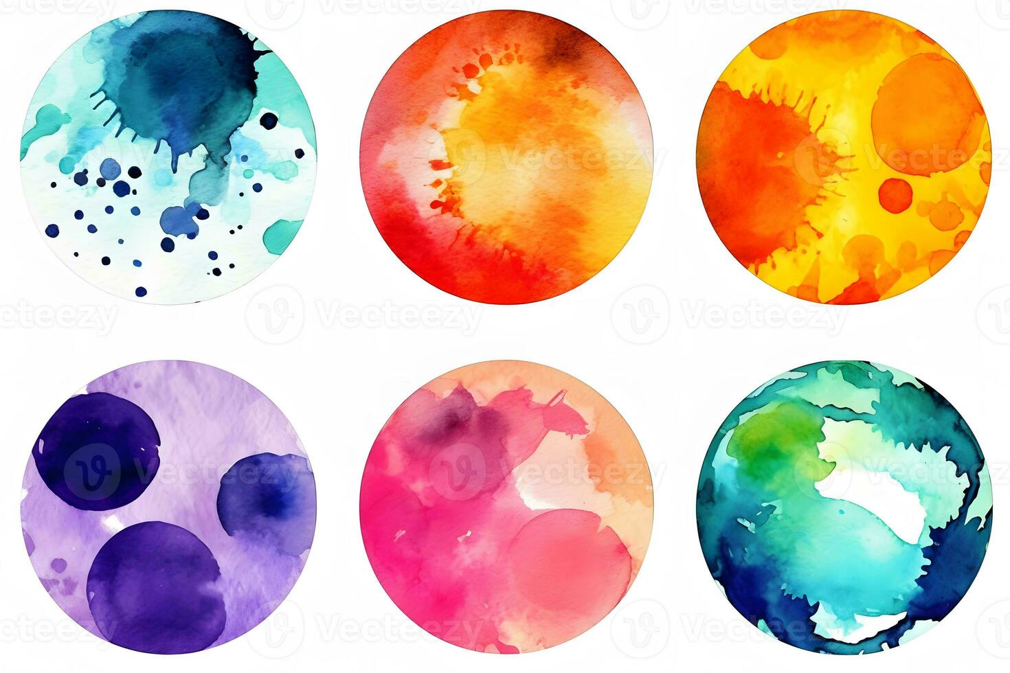 Set of watercolor colorful planets isolated on white background. Neural network AI generated photo