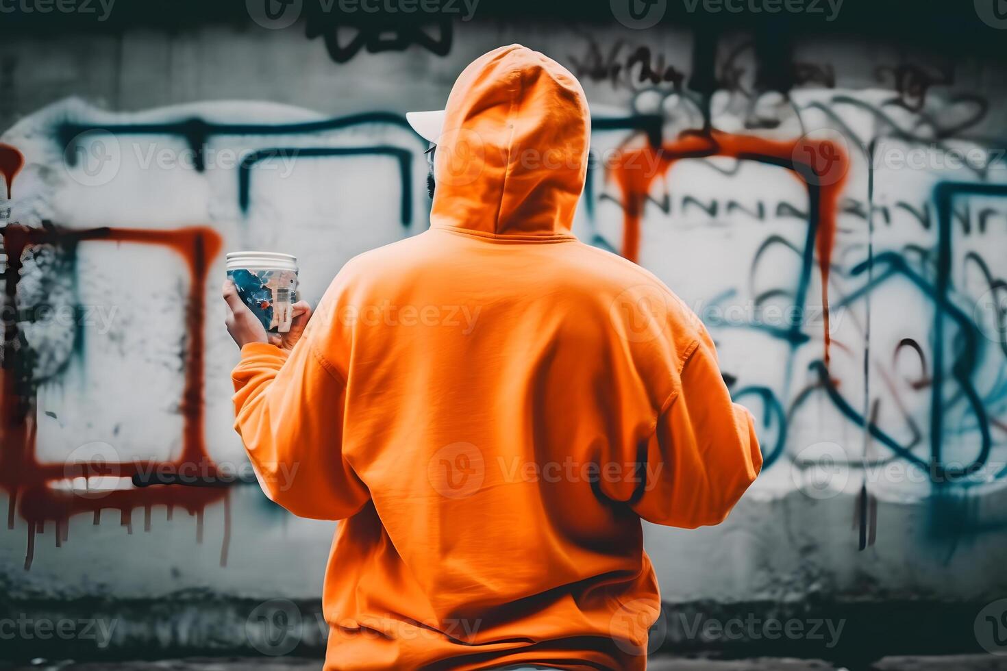 Back view of graffiti painter looking to the wall with his paintings