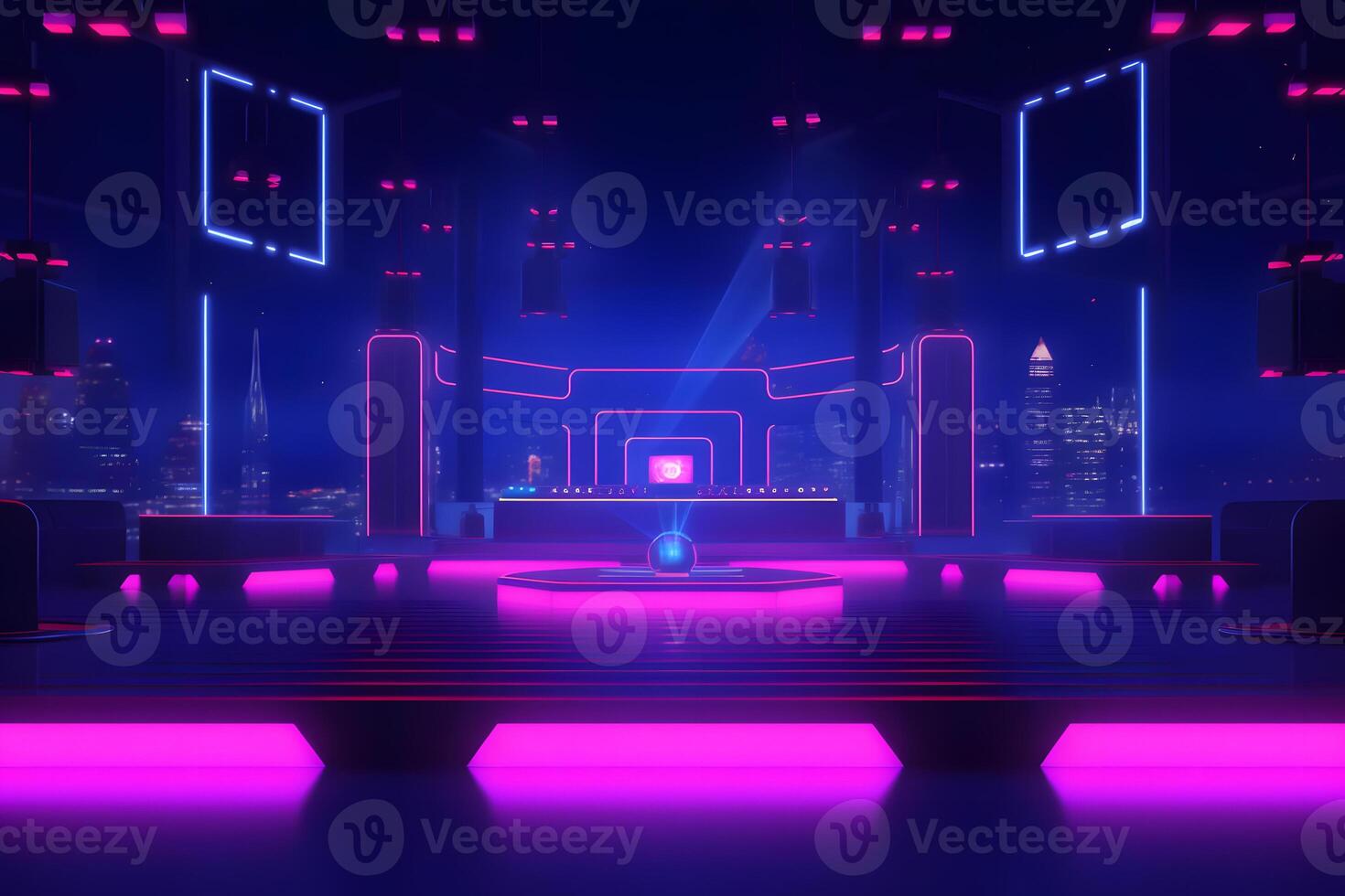 Abstract neon light arrows background. Neural network AI generated photo