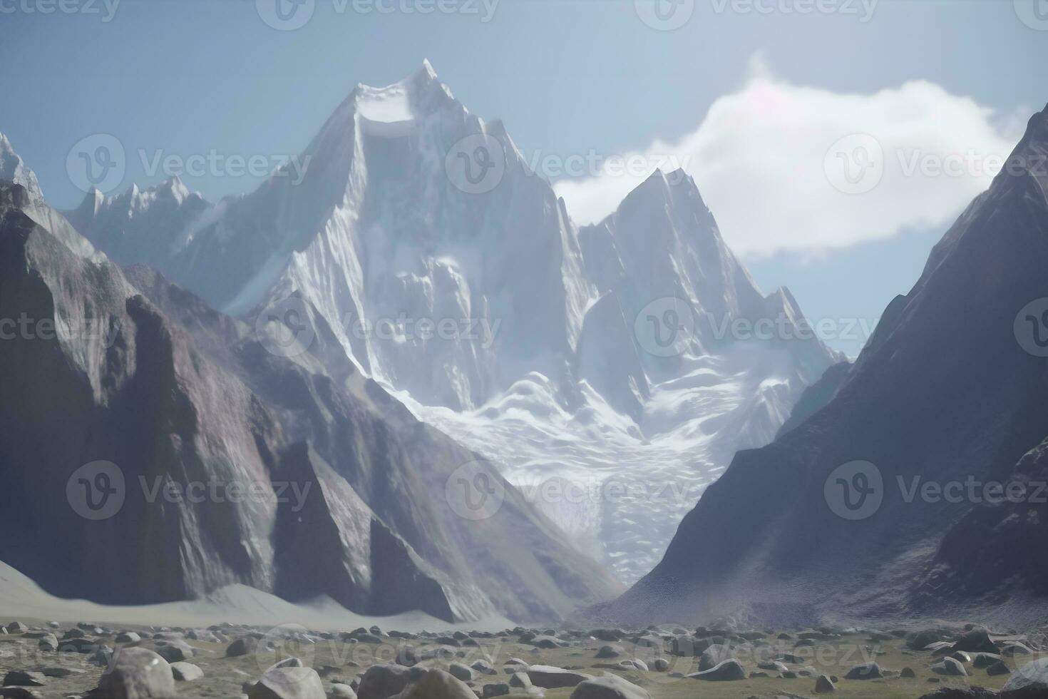 panorama de nieve montaña rango paisaje con azul cielo. neural red ai generado foto