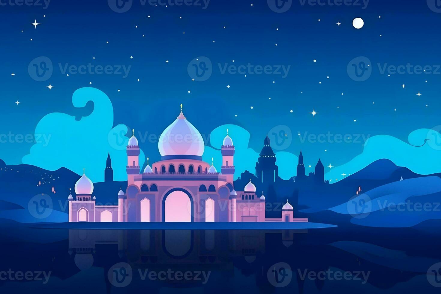 Ramadan Kareem background.Crescent moon at a top of a mosque. Neural network AI generated photo