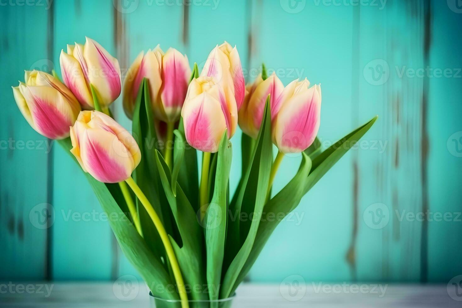 Frame of tulips on turquoise rustic wooden background. Spring flowers. Neural network AI generated photo