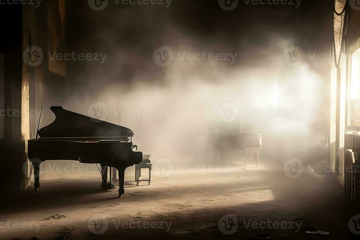 piano and smoke on stage. Neural network AI generated photo