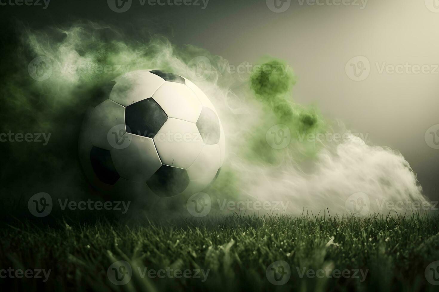 Traditional soccer ball on soccer field on green grass with dark toned foggy background. Neural network generated art photo