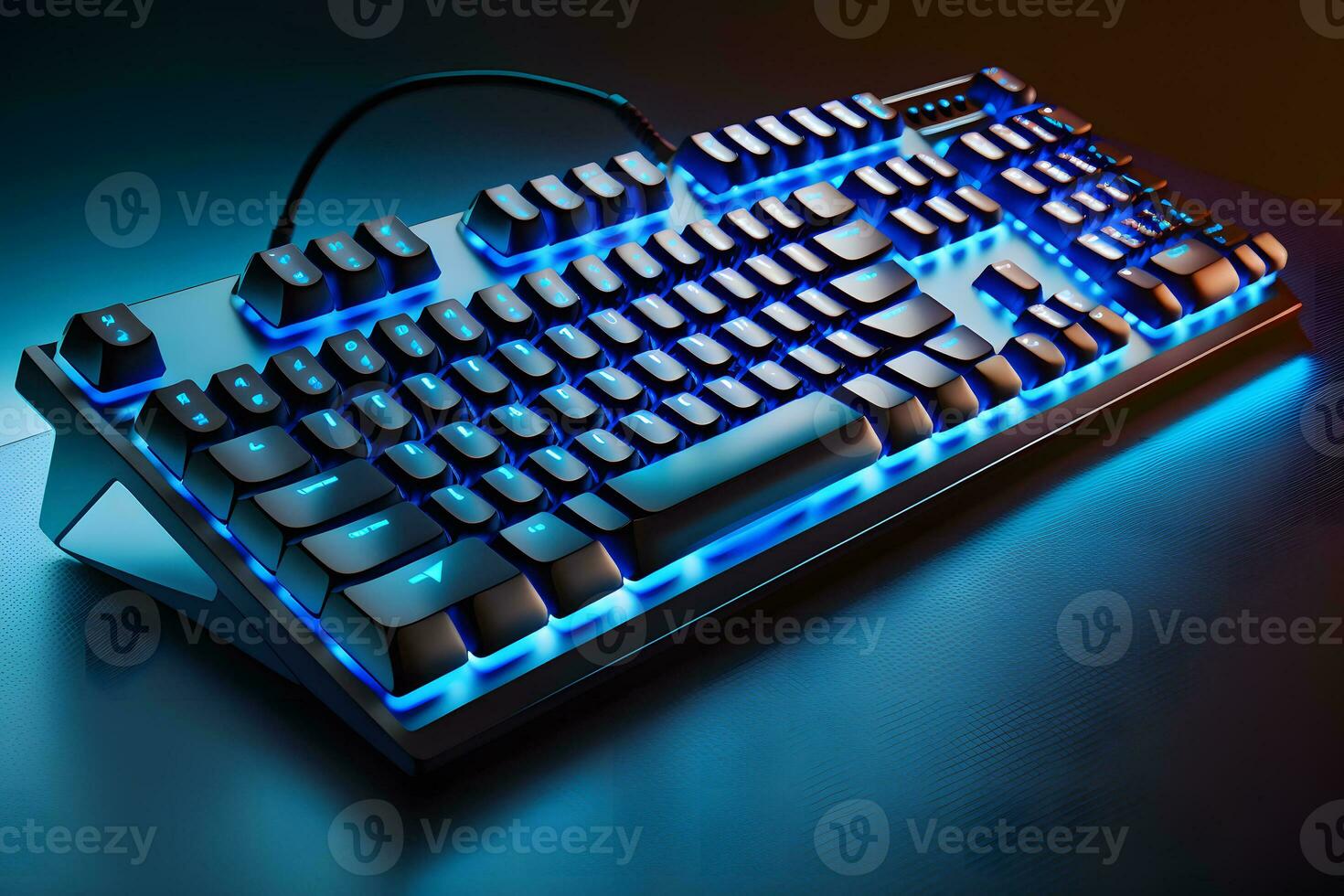 futurista personalizado ordenador personal teclado concepto con brillante azul tonos neural red generado Arte foto