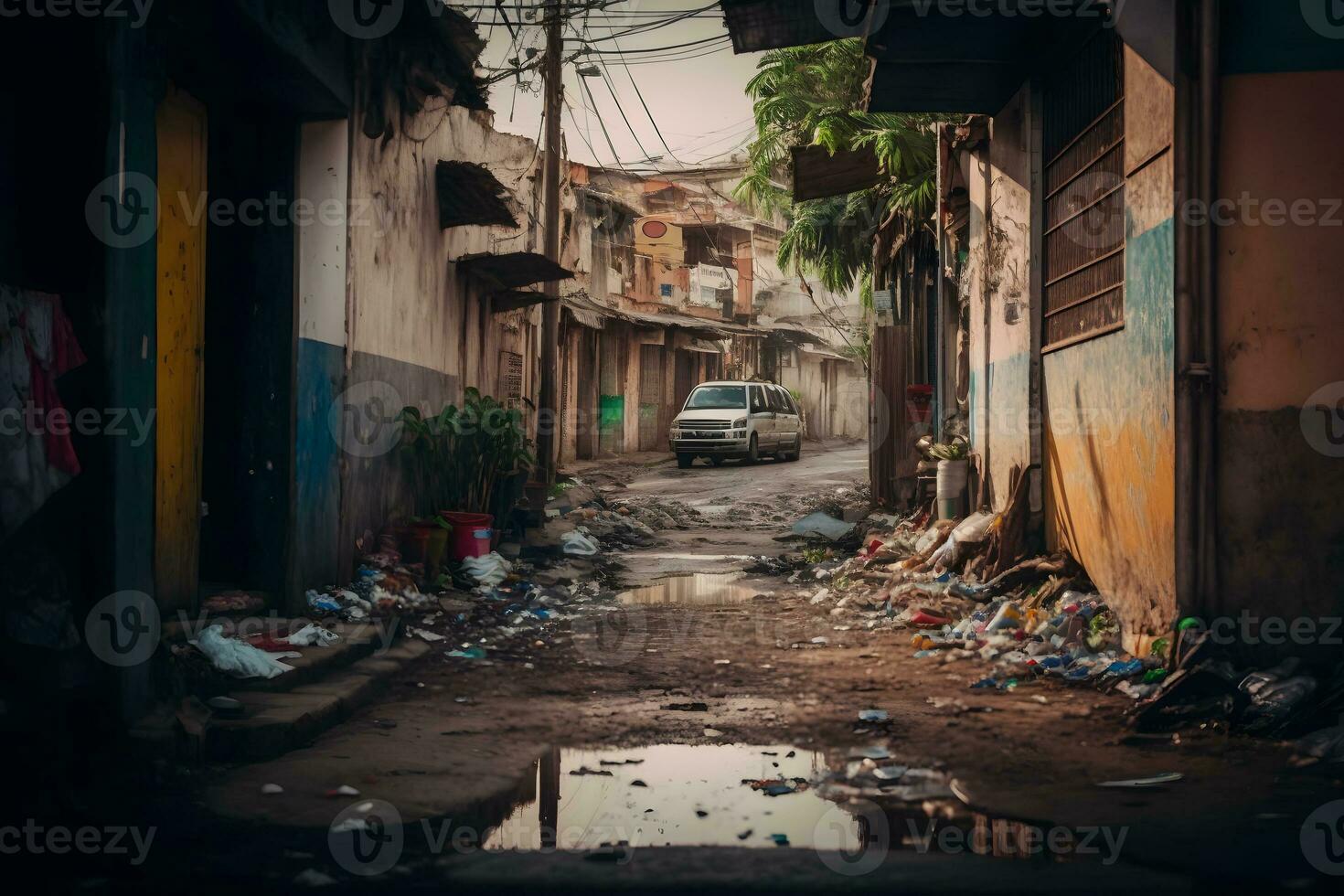 Ghetto city back alley with dirt rubbish and poor residental houses. Neural network generated art photo