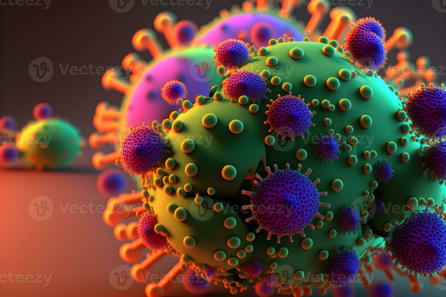 Abstract view of virus of indluenza or covid 19 novel coronavirus through microscope. Neural network generated art photo