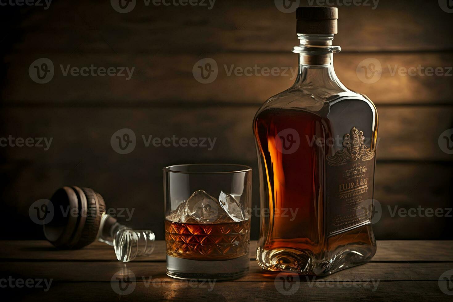 antiguo whisky vaso cerca a Clásico botella en de madera mesa. neural red generado Arte foto