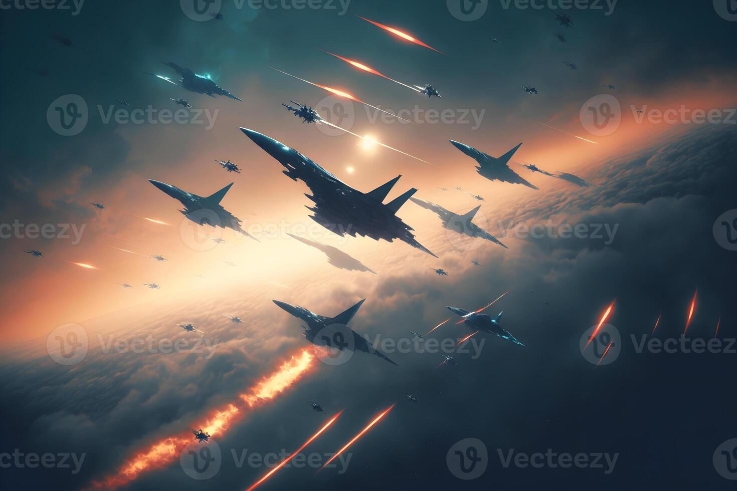 Formation of destroyer jets float in sky during aviation battle. Neural network generated art photo