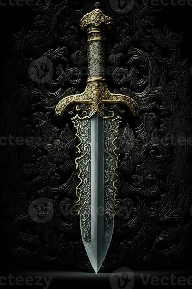 Medieval sword and scabbard. Fantasy golden sword with long blade. Neural network generated art photo