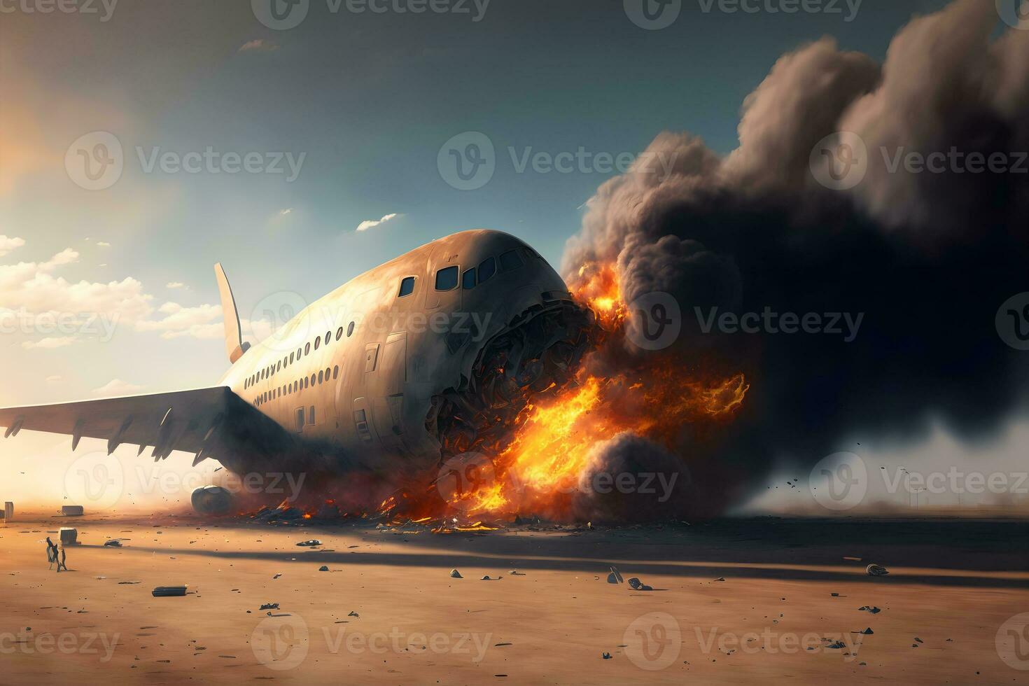 Burning airplane on fire accident in international airport. Neural network generated art photo