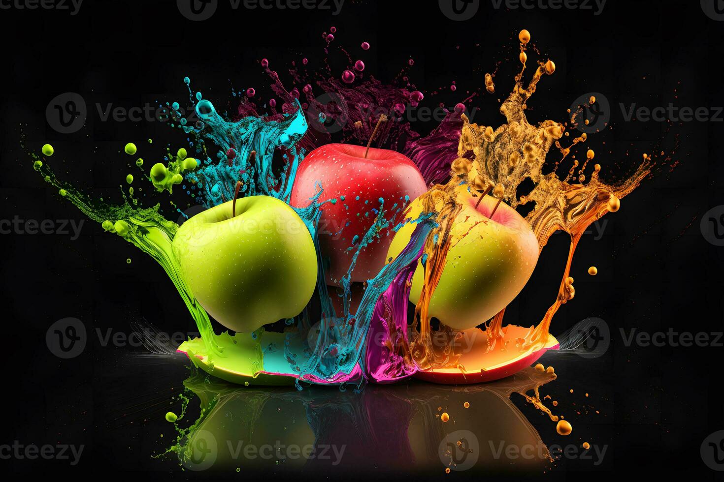 Colorful water splashing on apples as art performance moment catching. Neural network generated art photo