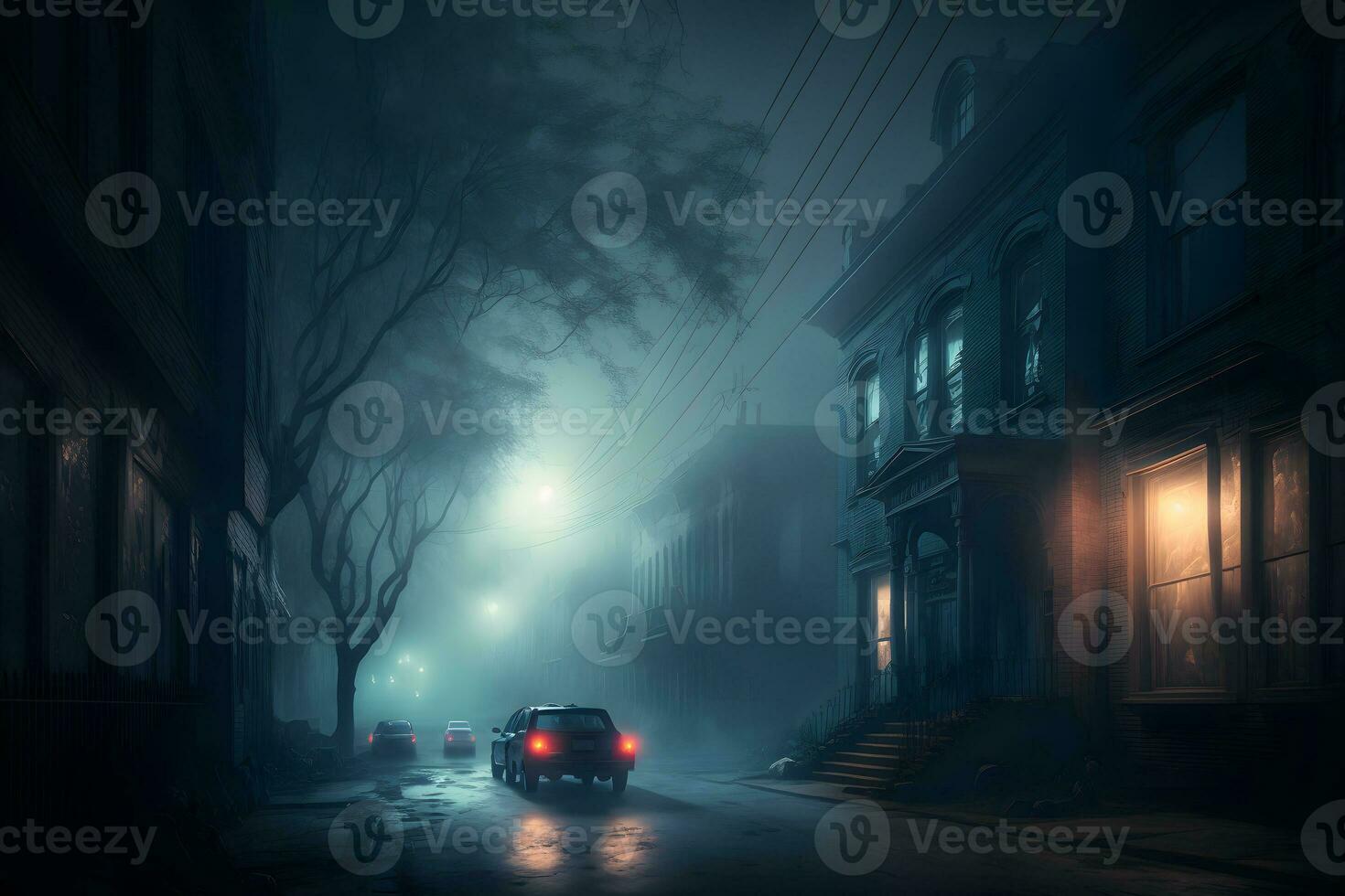 Silhouette in misty alley at night city street, mystery and horror foggy cityscape atmosphere. Neural network generated art photo