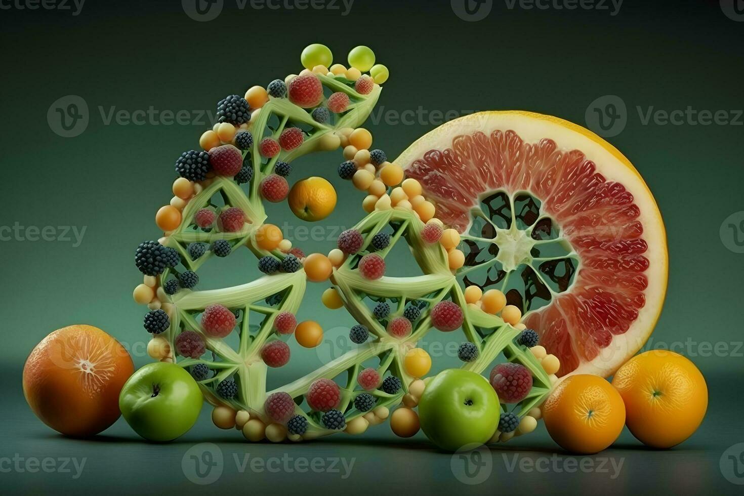 GMO food and Genetically modified crops or engineered agriculture concepts fruit and vegetables. Neural network generated art photo