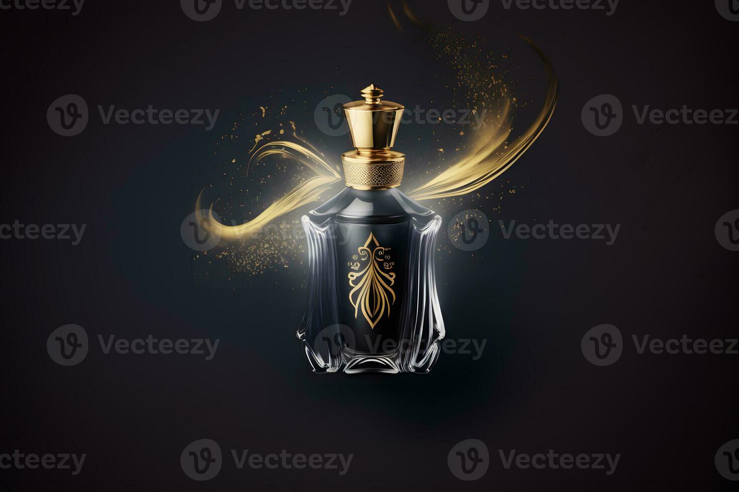 Glass bottle of perfume with colorful rainbow splash on black background. Neural network generated art photo