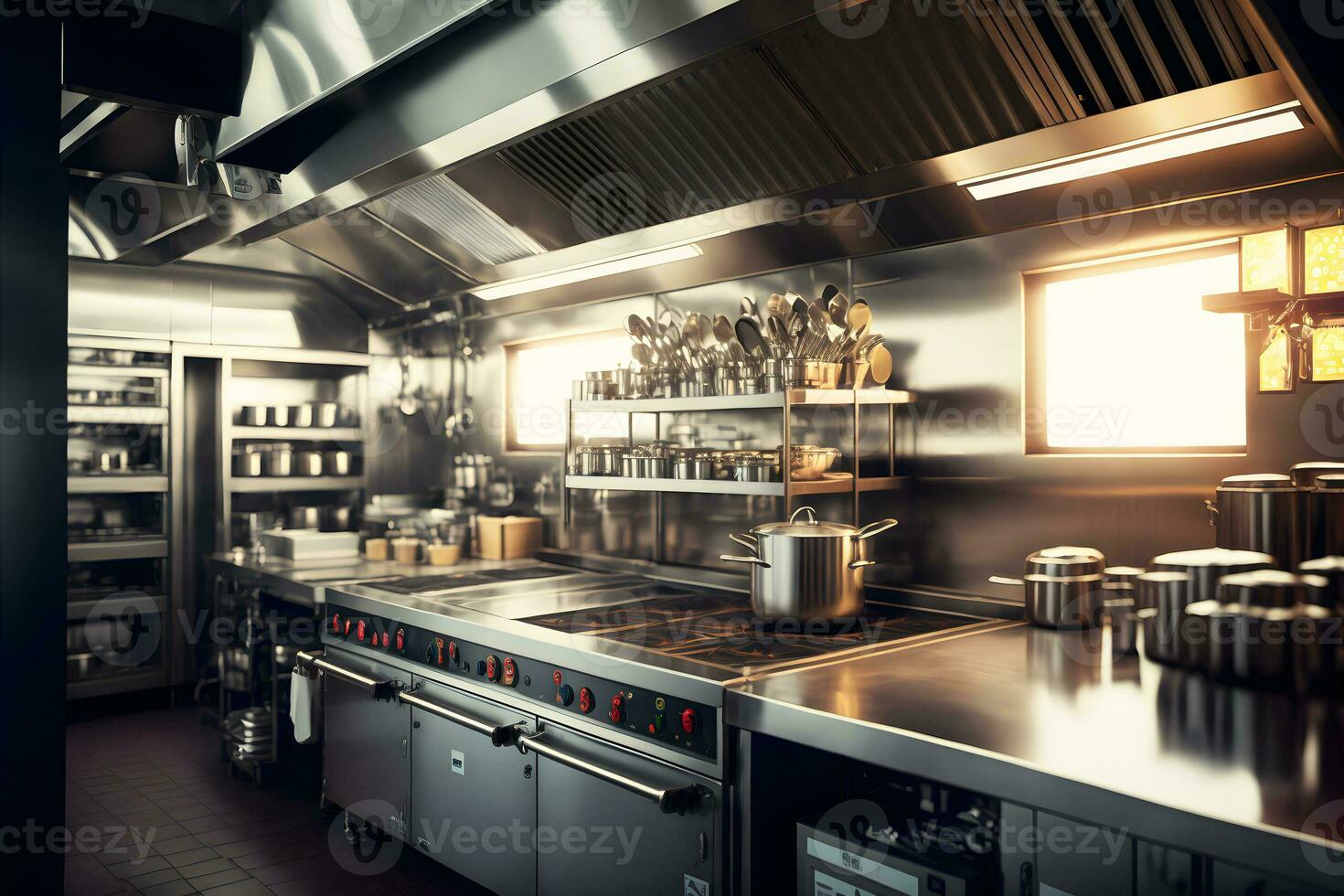 Professional restaurant kitchen interior with cooking supply and electronics. Neural network generated art photo