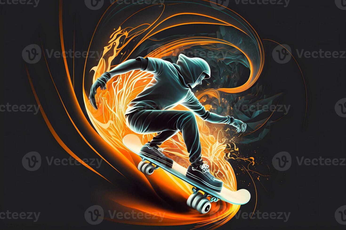 Abstract extreme sports lover performs leap into infinity with fictional skateboard or snowboard. Neural network generated art photo