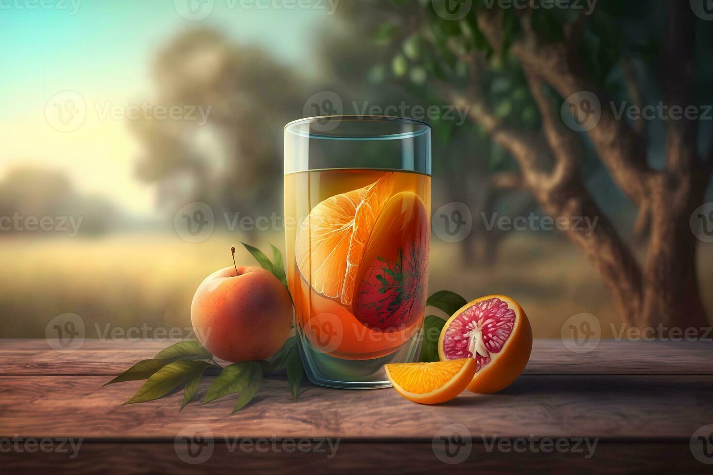 Glass of abstract fruit juice with fresh fruits on wooden table with summer field background. Neural network generated art photo