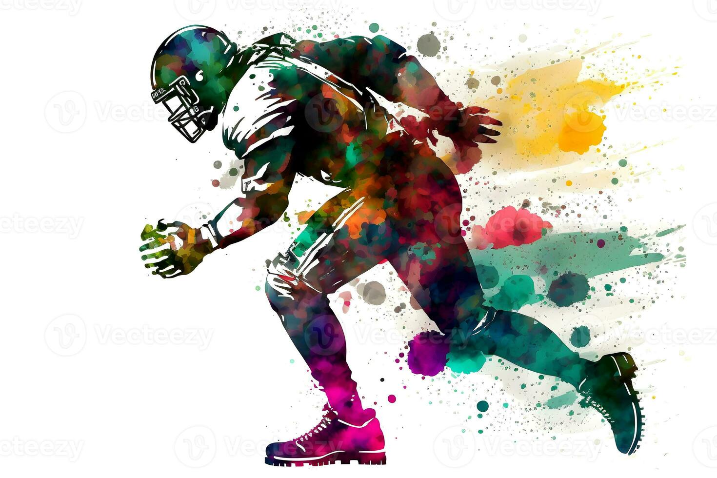 americano fútbol americano jugador hombre con multicolor pintar chapoteo, aislado en blanco antecedentes. neural red generado Arte foto