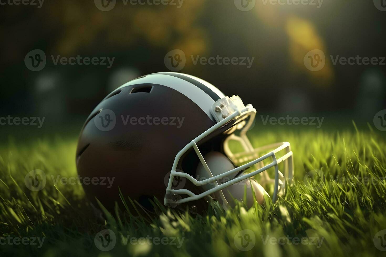 americano fútbol americano casco en verde césped. neural red ai generado Arte foto