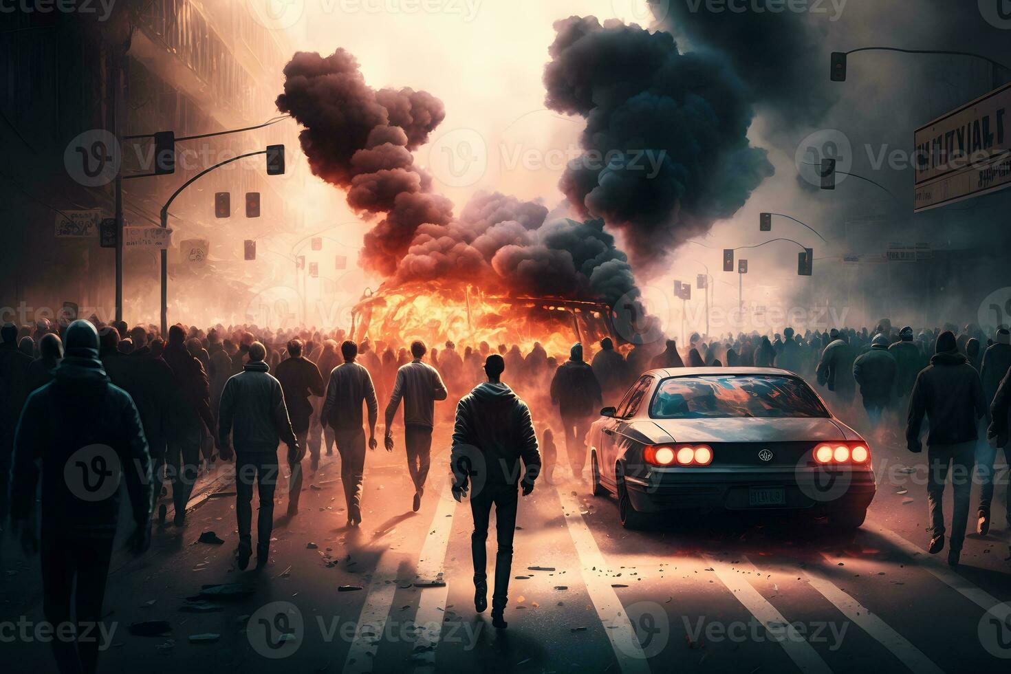 el multitud disturbios en el calle, protestas ardiente ciudad. neural red generado Arte foto