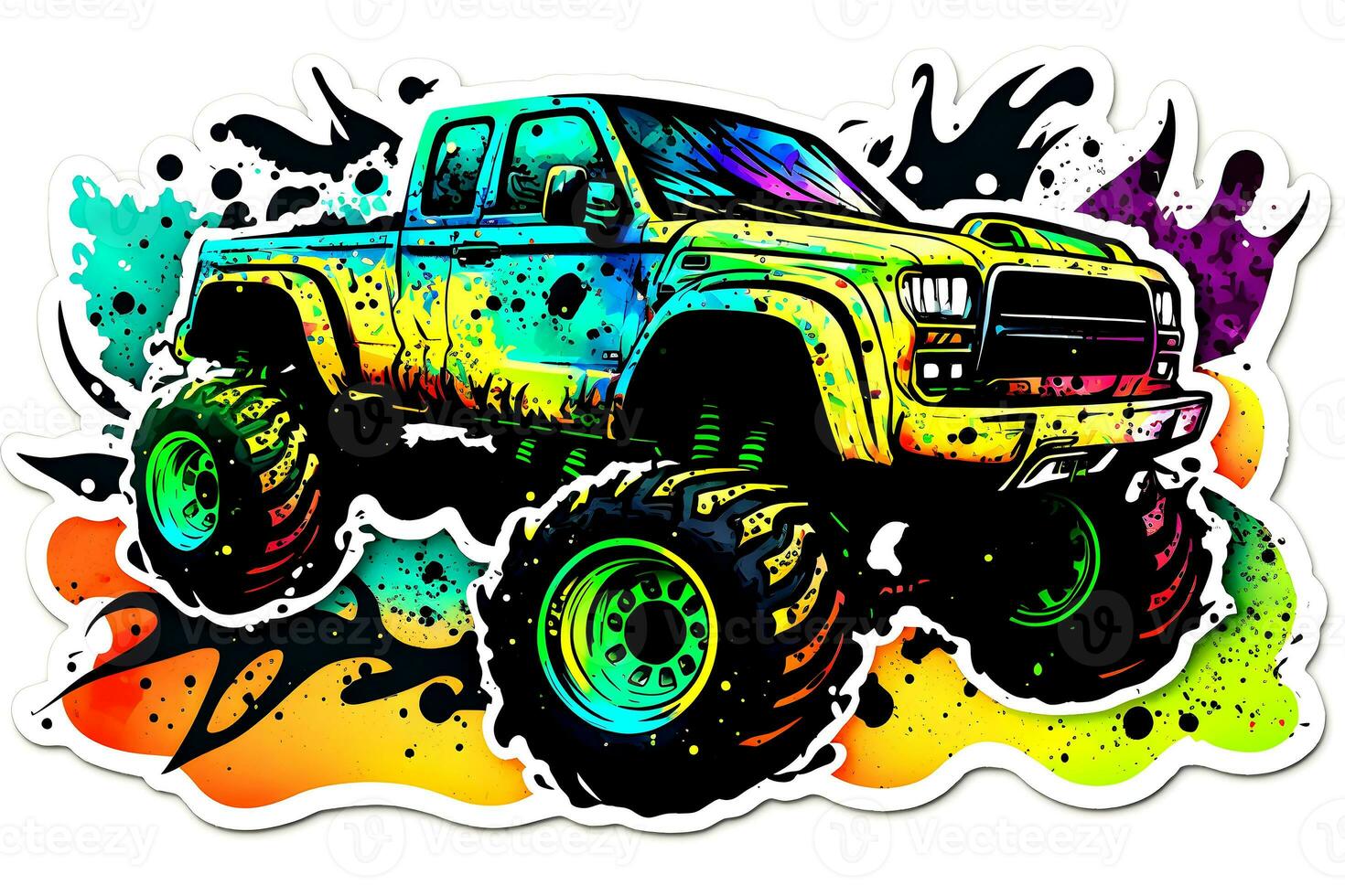 Monster truck sticker with multicolored paint splash. Neural network generated art photo