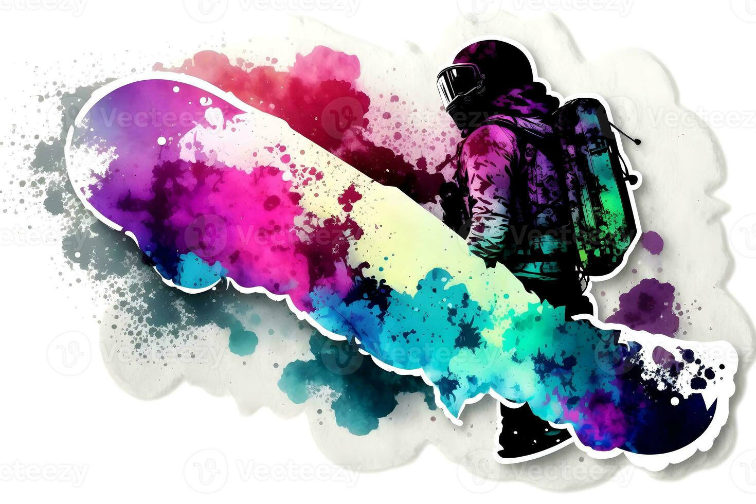 Man snowboarder jump on snowboard with rainbown watercolor splash isolated on white background. Neural network generated art photo