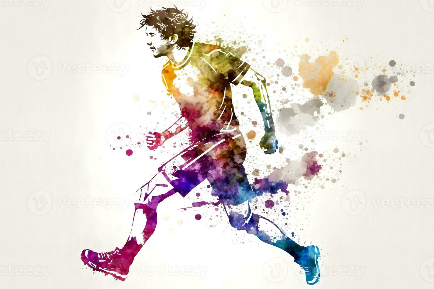 football soccer player in action with rrainbow watercolor splash. isolated white background. Neural network generated art photo