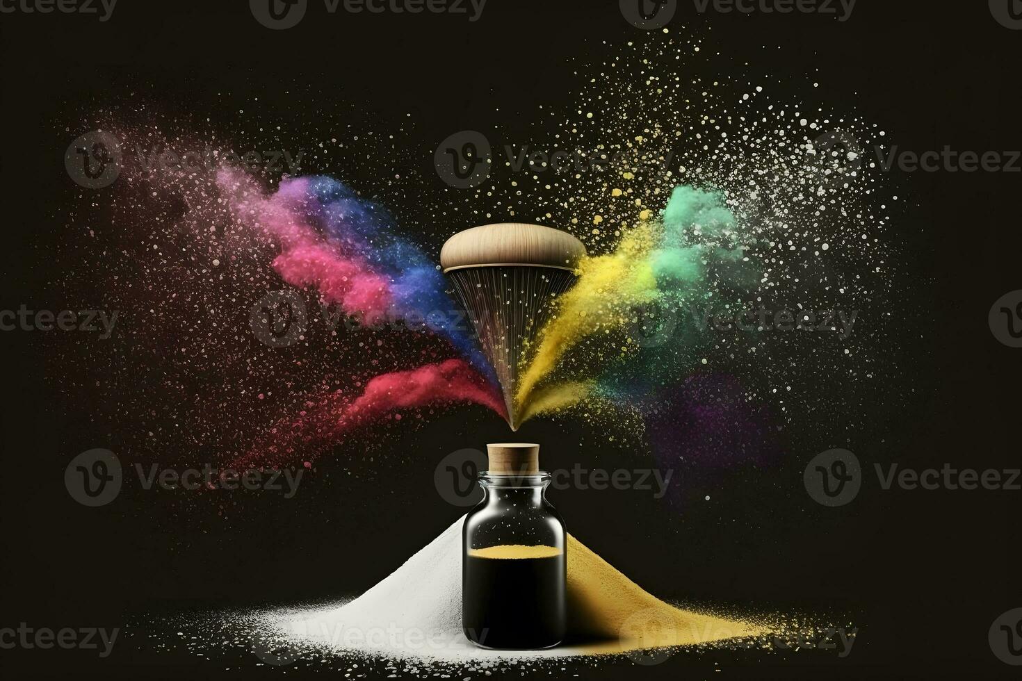 glass container with colored sand on rainbow splash background. Neural network AI generated photo