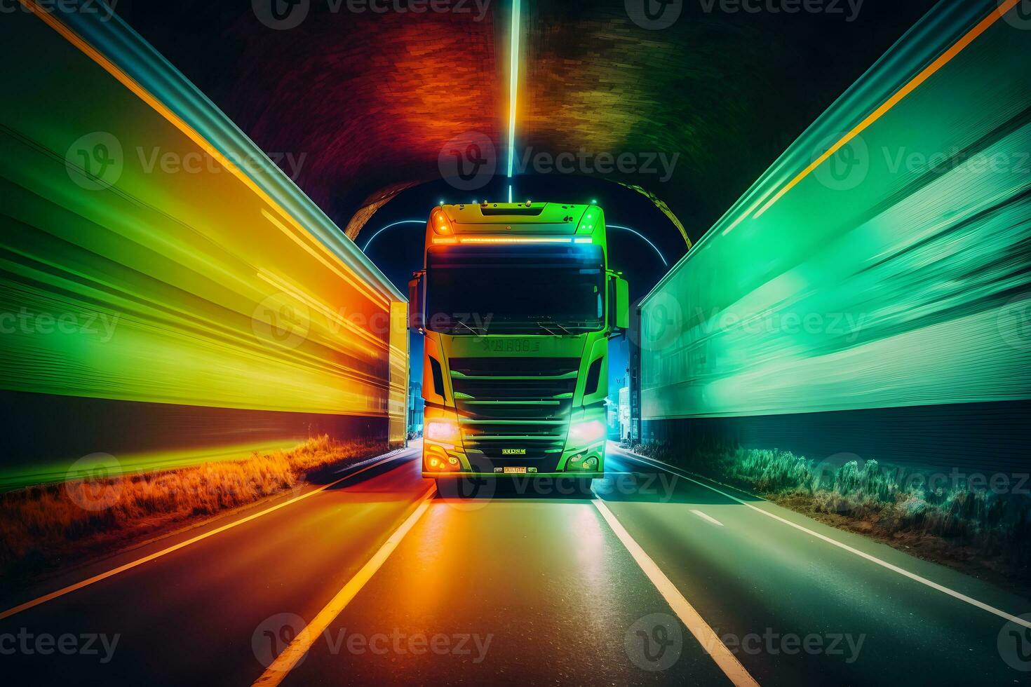 truck trailer driving at the neon tunnel. Neural network generated art photo