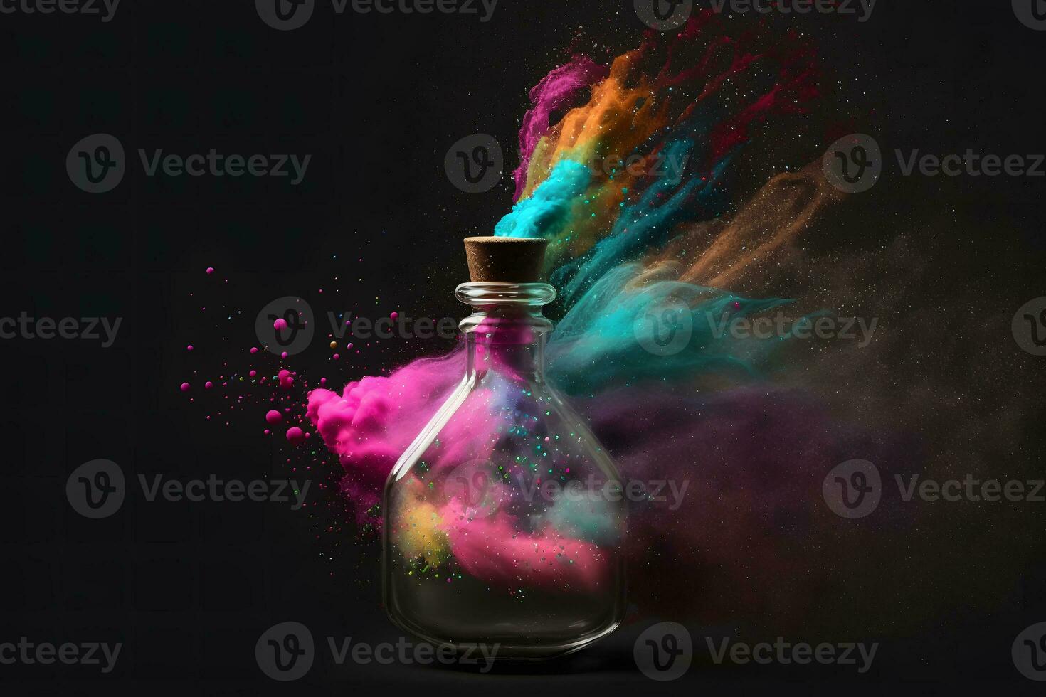 glass container with colored sand on rainbow splash background. Neural network AI generated photo