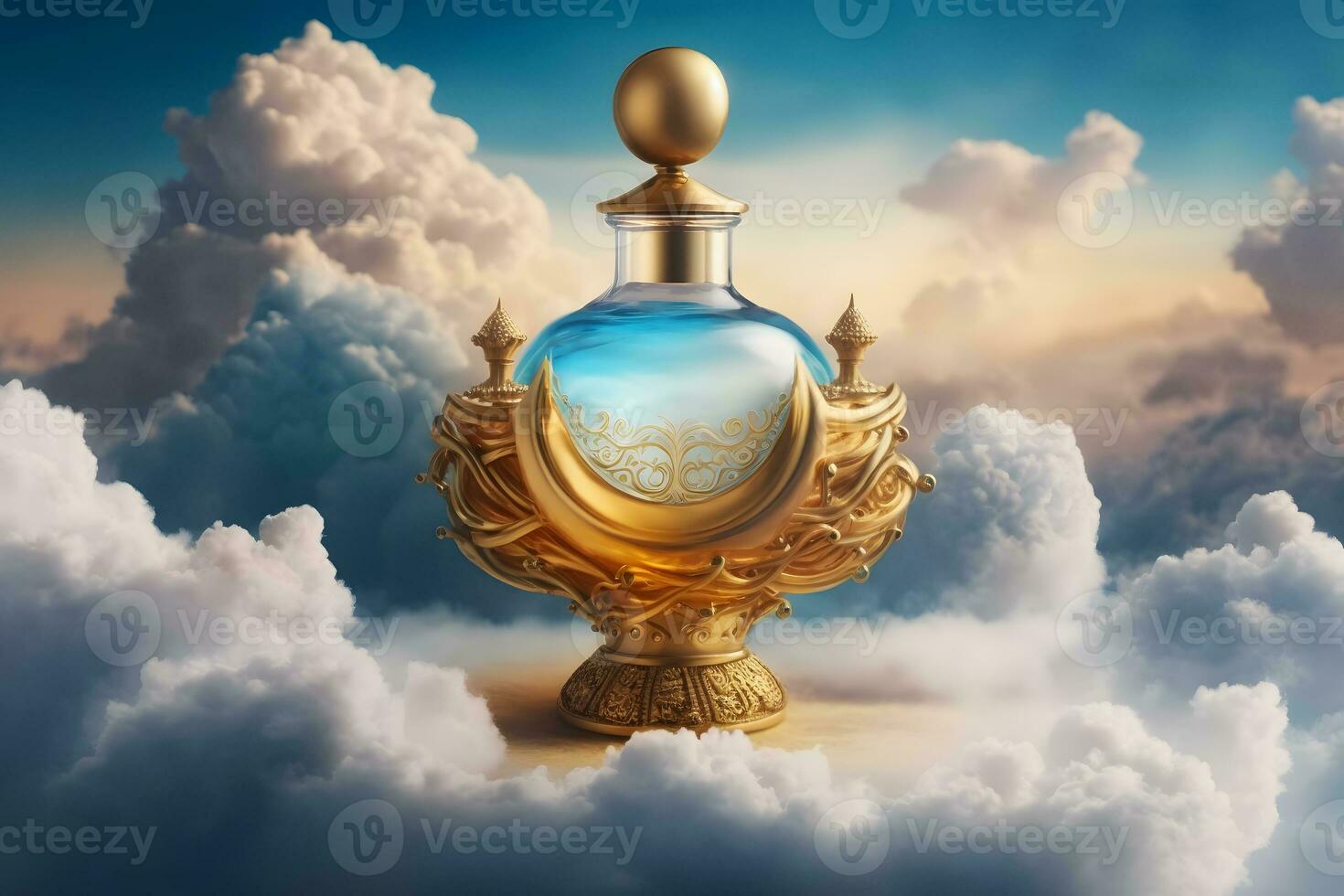 beautiful perfume bottle against the background of the sky and clouds. Neural network generated art photo