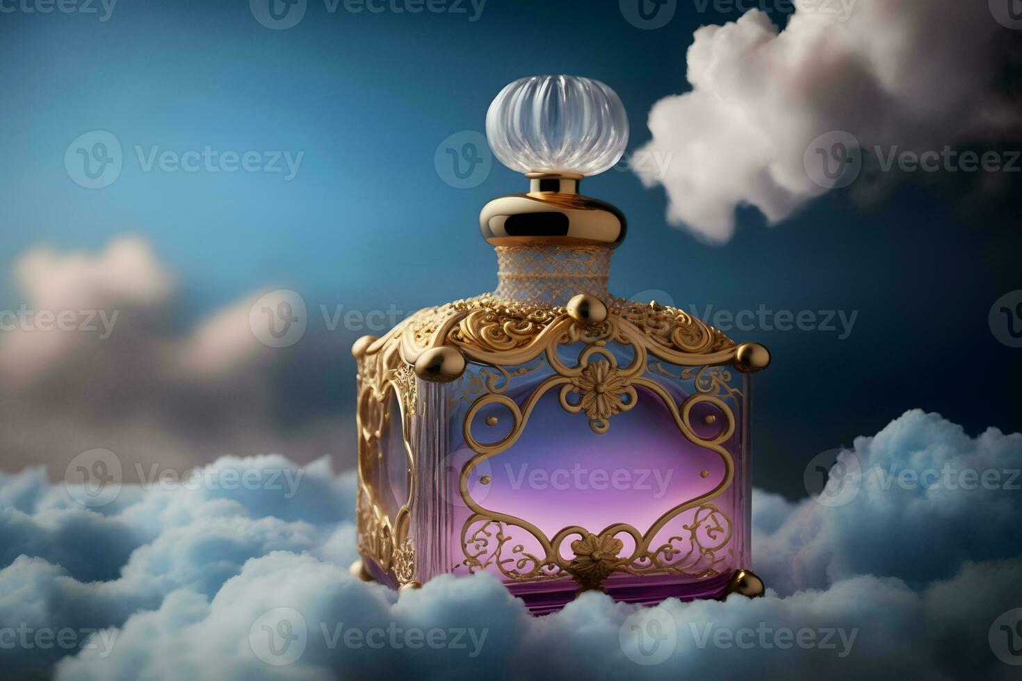 beautiful perfume bottle against the background of the sky and clouds. Neural network AI generated art photo