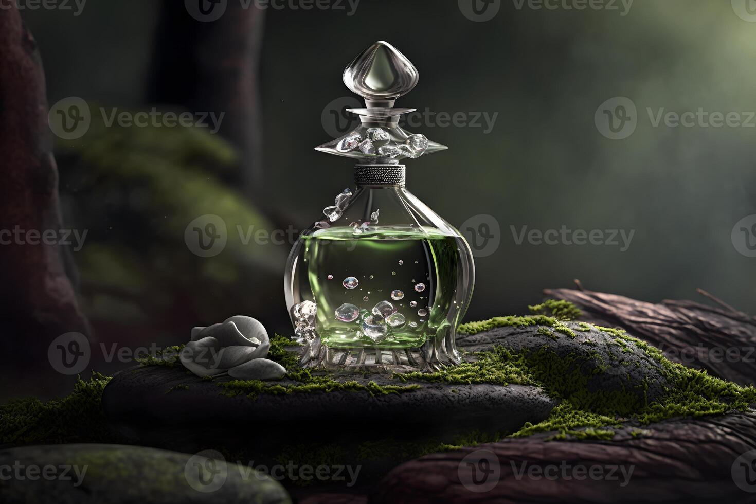 Perfume bottle in a green forest on a mossy substrate. Neural network generated art photo